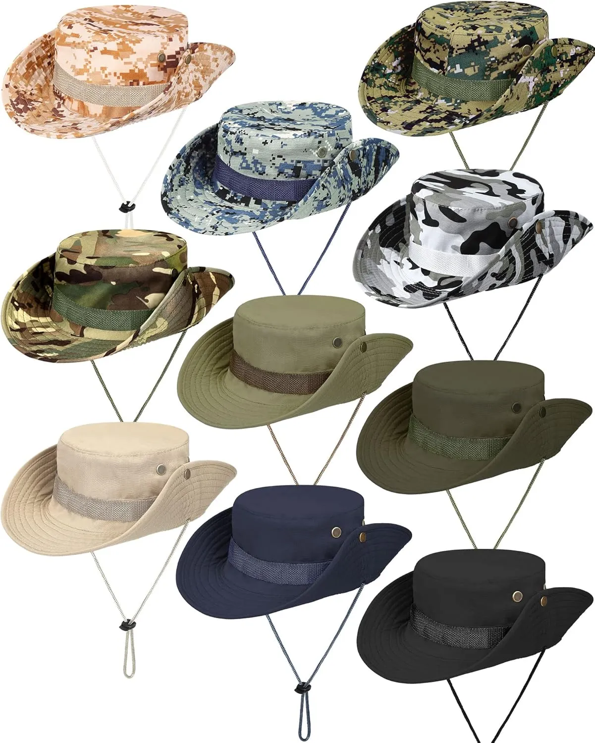 10 Pcs Wide Brim Boonie Hat Bucket Hats Camo Solid UV Sun Protection Fishing Hat for Men Women Hiking Safari Hunting