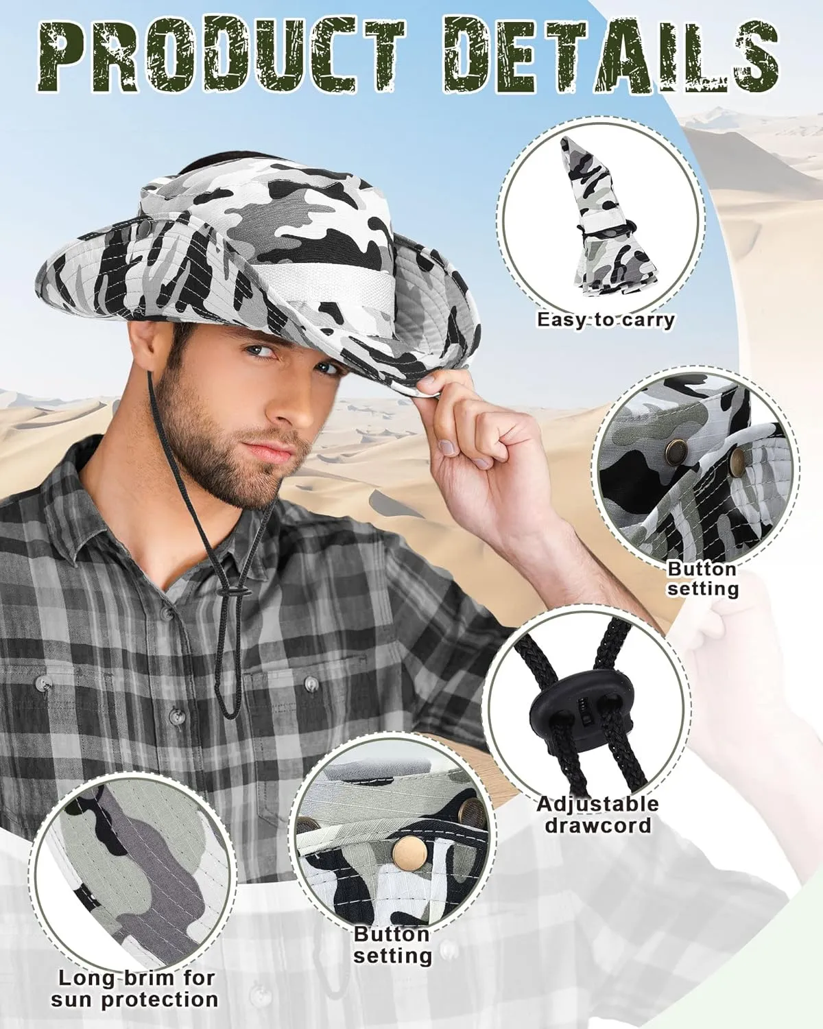 10 Pcs Wide Brim Boonie Hat Bucket Hats Camo Solid UV Sun Protection Fishing Hat for Men Women Hiking Safari Hunting