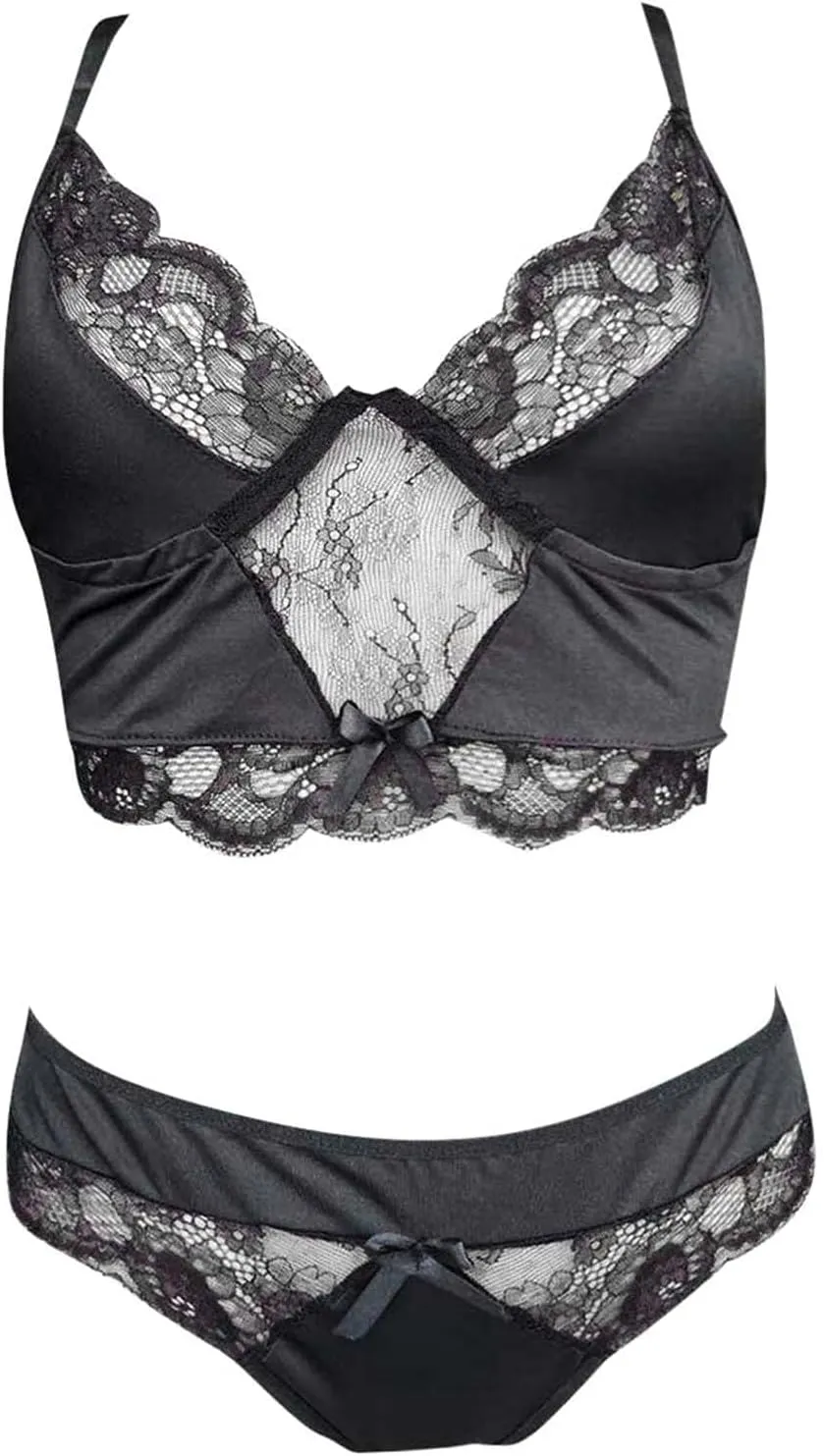 2 Piece Lingerie Set for Women Sexy Bra and Panty Sets V Neck Lace Patchwork Underwear Suit Bralette Sleepwear