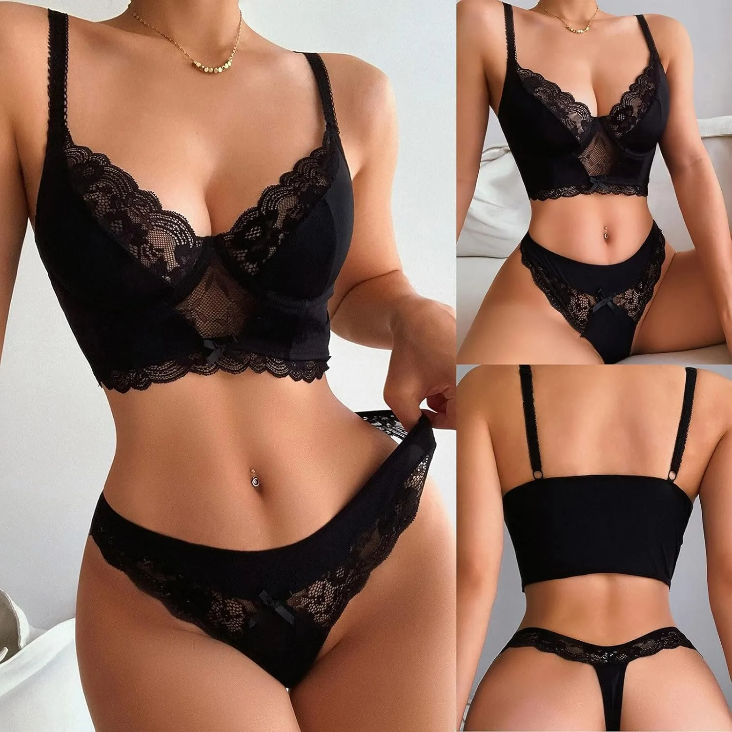2 Piece Lingerie Set for Women Sexy Bra and Panty Sets V Neck Lace Patchwork Underwear Suit Bralette Sleepwear