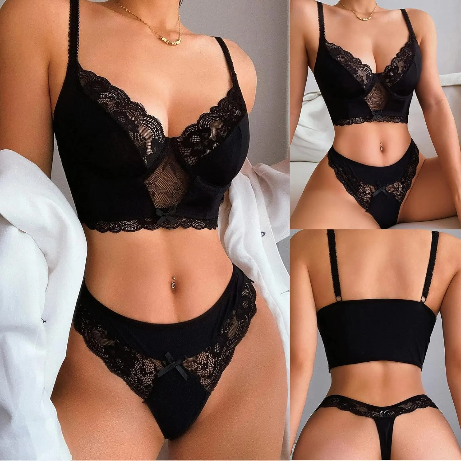 2 Piece Lingerie Set for Women Sexy Bra and Panty Sets V Neck Lace Patchwork Underwear Suit Bralette Sleepwear