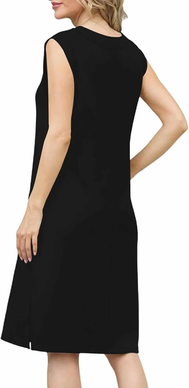 2025 Women Summer V-Neck Casual Loose Sleeveless Casual Loose Split Wrinkle-Free Short Mini Dress with Pockets