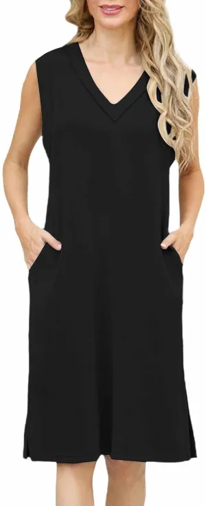 2025 Women Summer V-Neck Casual Loose Sleeveless Casual Loose Split Wrinkle-Free Short Mini Dress with Pockets