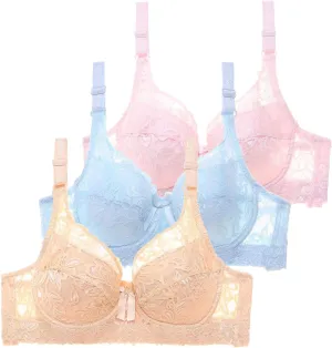 3 Pcs Womens Seamless Bra No Underwire Wireless Lace Scalloped Deep V Adjustable Straps Comfortable Everyday Bra