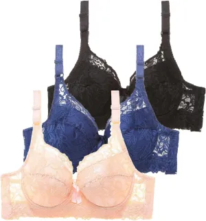 3 Pcs Womens Seamless Bra No Underwire Wireless Lace Scalloped Deep V Adjustable Straps Comfortable Everyday Bra