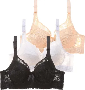 3 Pcs Womens Seamless Bra No Underwire Wireless Lace Scalloped Deep V Adjustable Straps Comfortable Everyday Bra