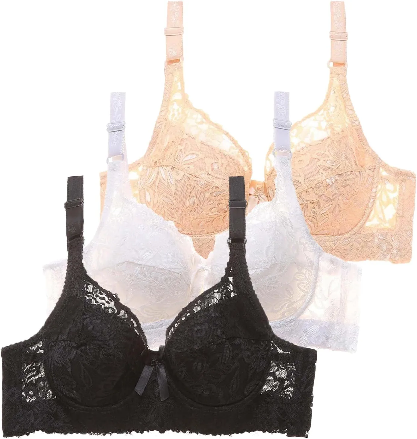 3 Pcs Womens Seamless Bra No Underwire Wireless Lace Scalloped Deep V Adjustable Straps Comfortable Everyday Bra