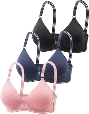 3 Pieces Deep V Wireless Bras for Women Full Coverage Seamless Comfy Bralettes Lightly Lined Multicolors Pack