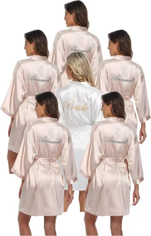 6 Pcs Women's Satin Wedding Party Robe Set Bride Bridesmaid Kimono sets Bridal Shower Getting Ready Silky BathRobe