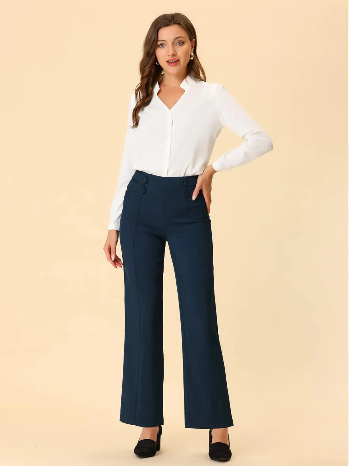 Allegra K Women's High Waisted Straight Leg Pants Solid Color Business Work Trousers