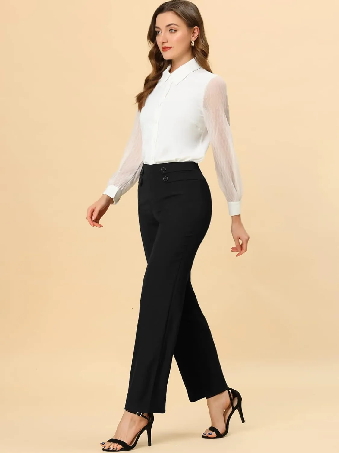 Allegra K Women's High Waisted Straight Leg Pants Solid Color Business Work Trousers