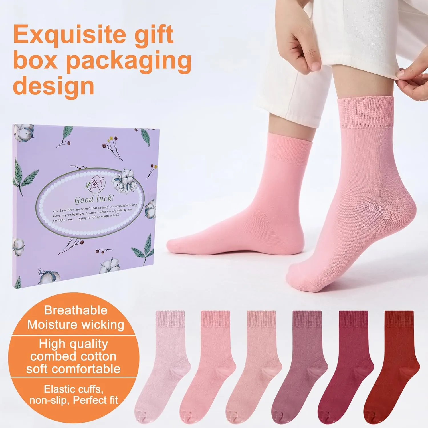 ATBITER Women's Thin Cotton Crew Socks - Soft Casual Dress Bootie Above Ankle Socks 6-Pairs With Gift Box‌