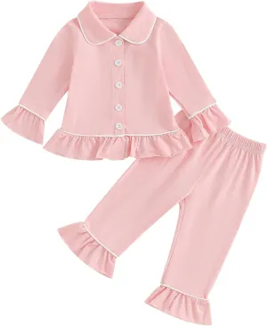 Baby Kid Girls Ruffled Cotton Pajamas Set Long Sleeve Button Down Shirts Tops and Pants Matching 2PCS Pj Lounge Sets