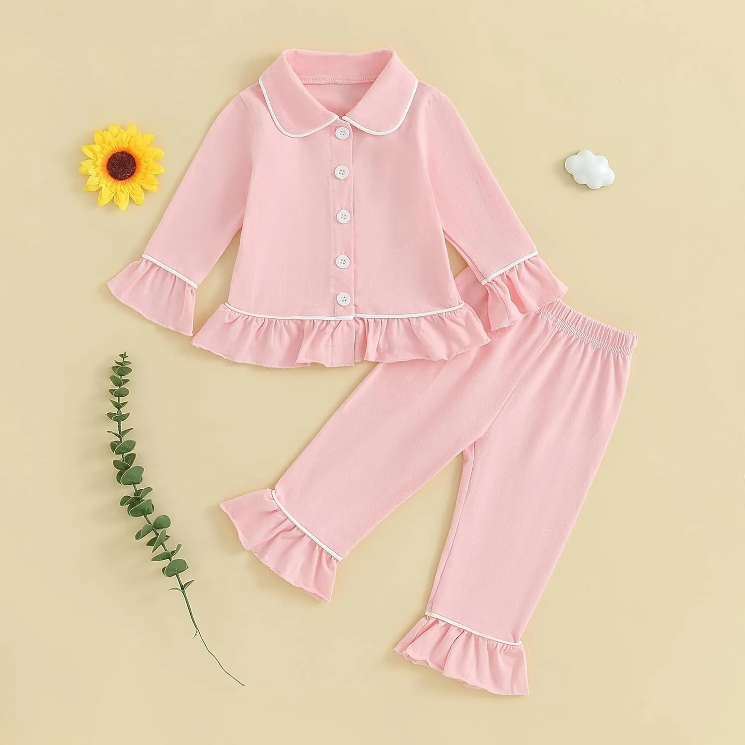 Baby Kid Girls Ruffled Cotton Pajamas Set Long Sleeve Button Down Shirts Tops and Pants Matching 2PCS Pj Lounge Sets