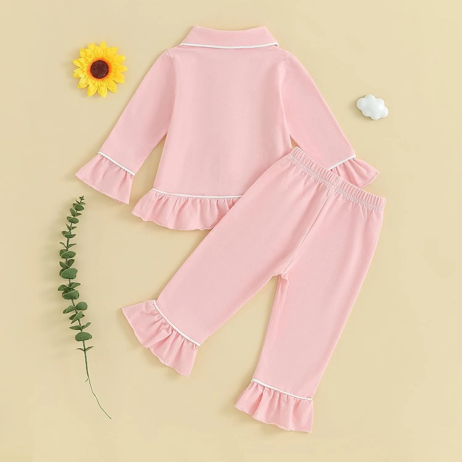 Baby Kid Girls Ruffled Cotton Pajamas Set Long Sleeve Button Down Shirts Tops and Pants Matching 2PCS Pj Lounge Sets