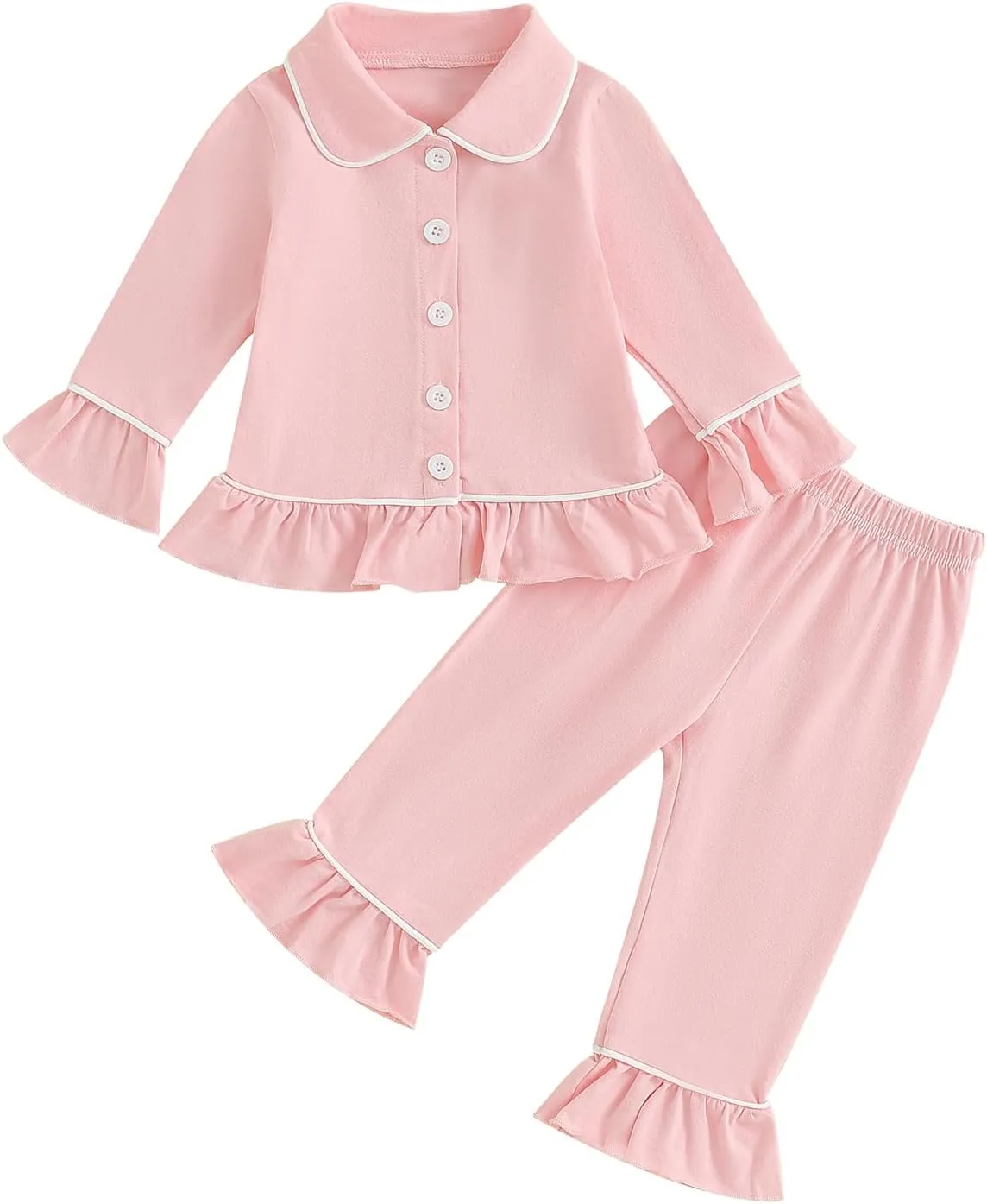 Baby Kid Girls Ruffled Cotton Pajamas Set Long Sleeve Button Down Shirts Tops and Pants Matching 2PCS Pj Lounge Sets