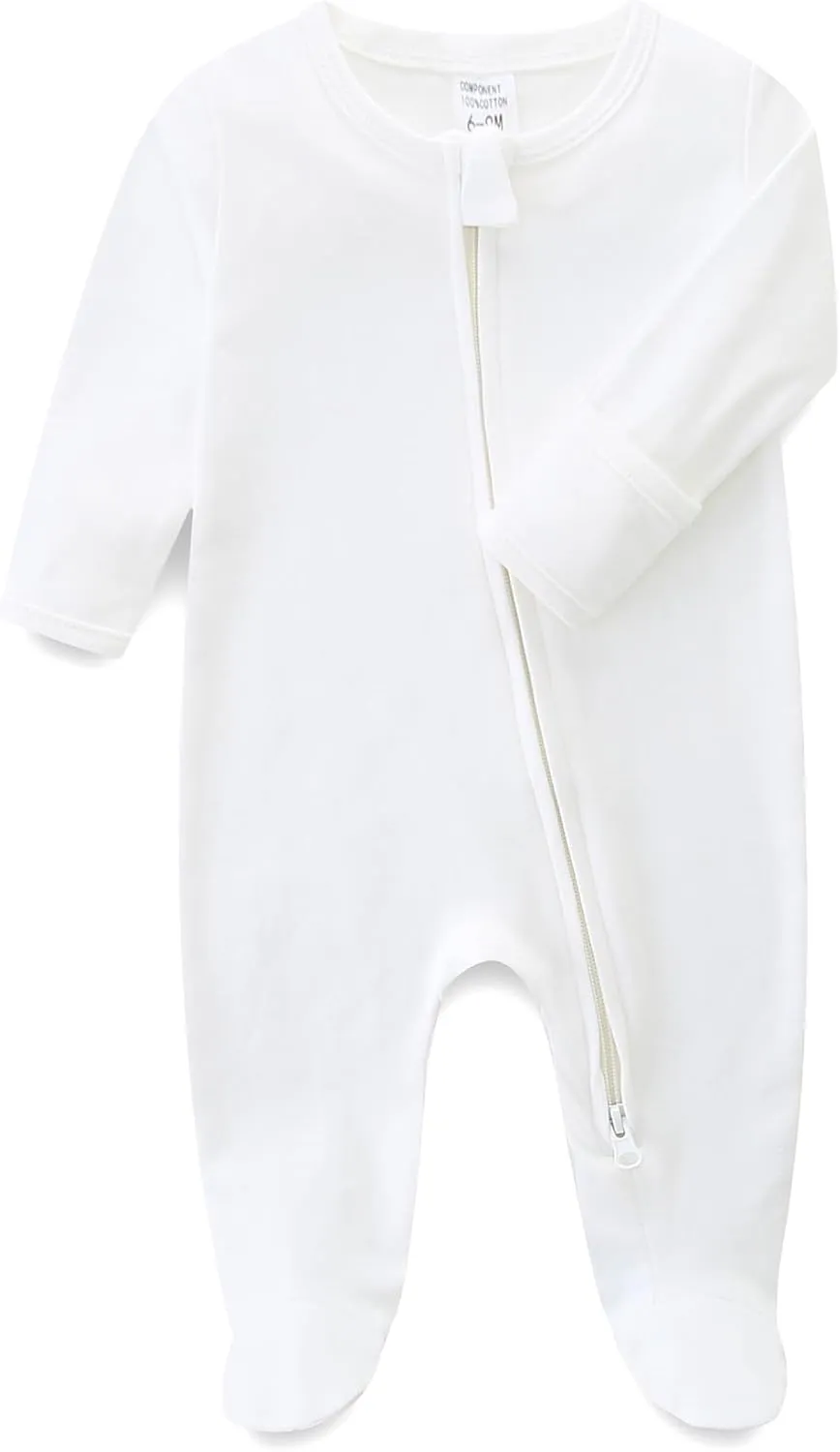 Baby Romper 100% Organic Cotton Pajamas One Piece Long Sleeve Zipper Footie Onesie for 0~12M Baby