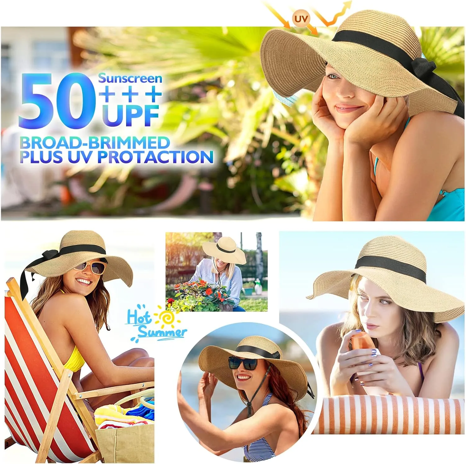 Beach Hats for Women, Foldable Sun Hat Womens UV Protection, Boho Wide Brim Hats for Women, Floppy Straw Visor Hat