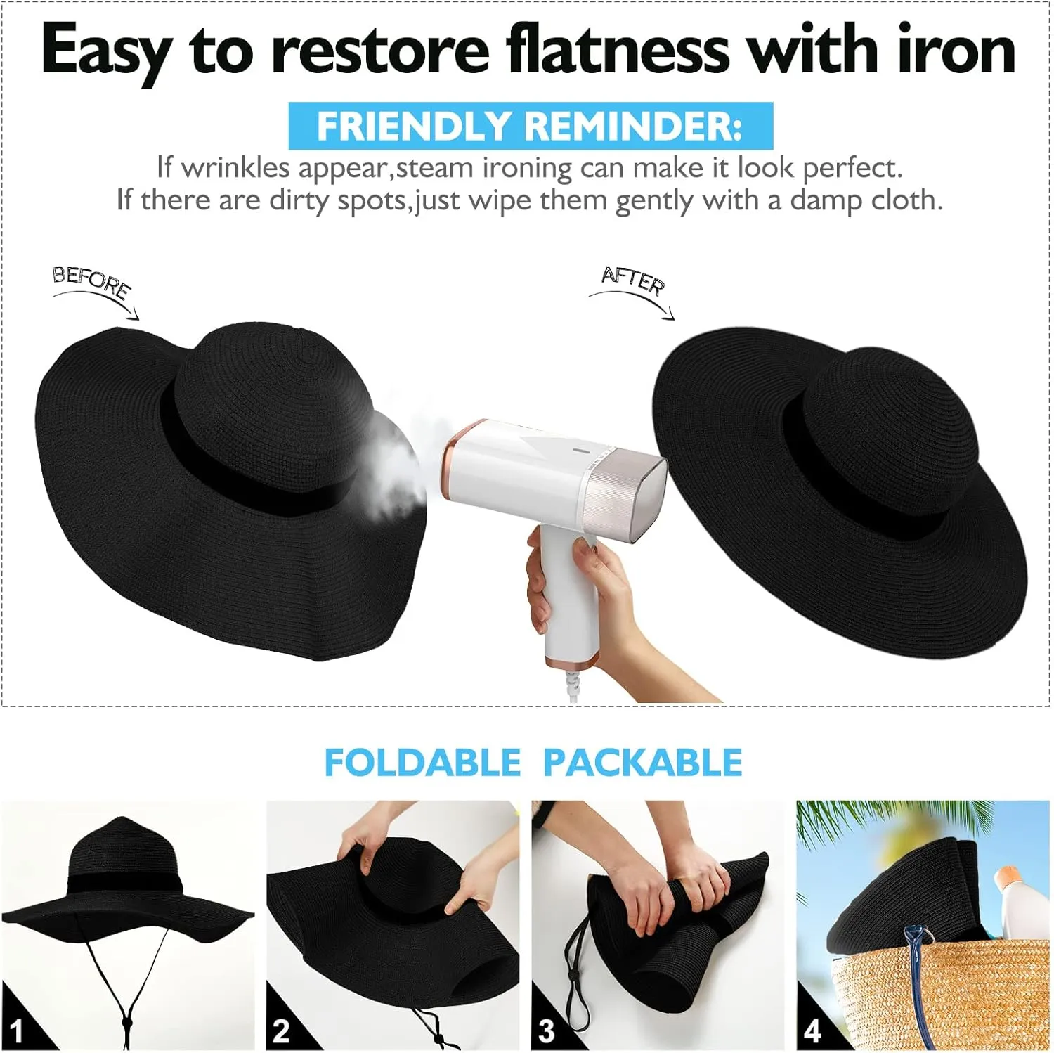 Beach Hats for Women, Foldable Sun Hat Womens UV Protection, Boho Wide Brim Hats for Women, Floppy Straw Visor Hat