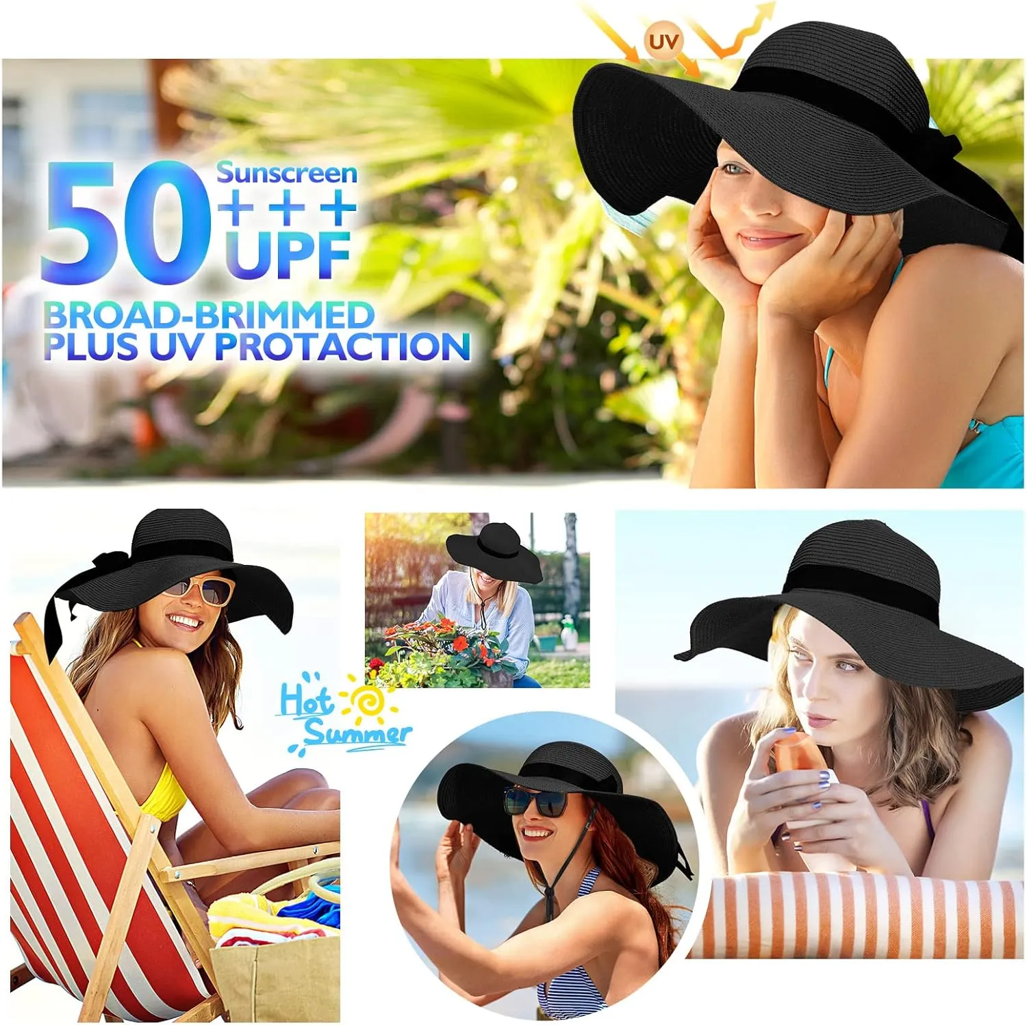 Beach Hats for Women, Foldable Sun Hat Womens UV Protection, Boho Wide Brim Hats for Women, Floppy Straw Visor Hat