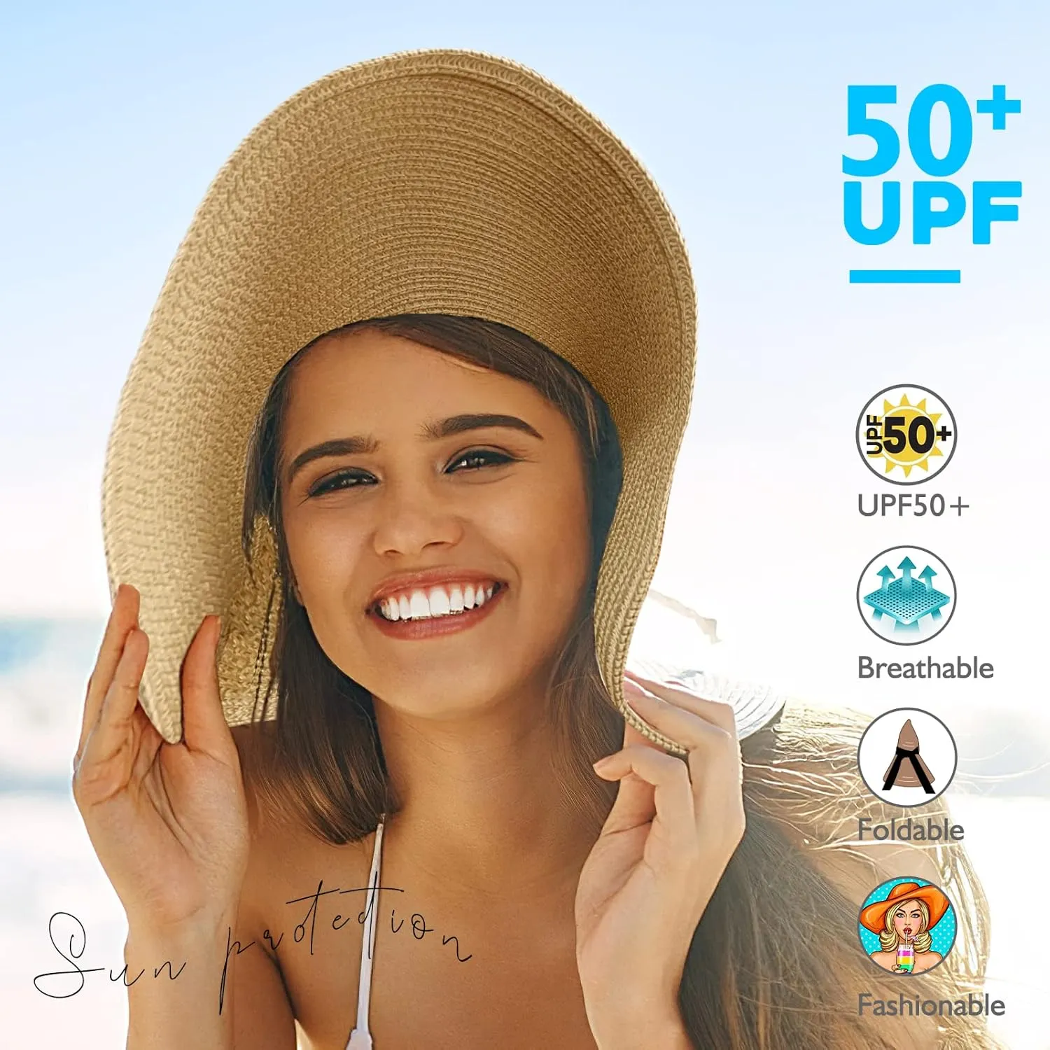 Beach Hats for Women, Foldable Sun Hat Womens UV Protection, Boho Wide Brim Hats for Women, Floppy Straw Visor Hat