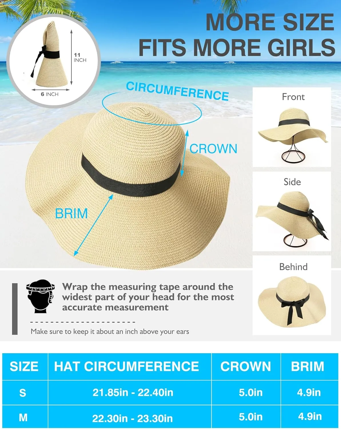 Beach Hats for Women, Foldable Sun Hat Womens UV Protection, Boho Wide Brim Hats for Women, Floppy Straw Visor Hat