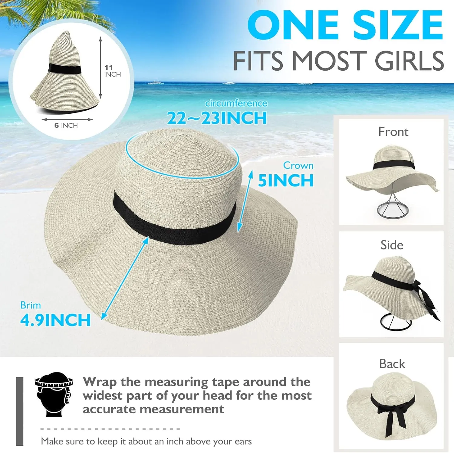 Beach Hats for Women, Foldable Sun Hat Womens UV Protection, Boho Wide Brim Hats for Women, Floppy Straw Visor Hat