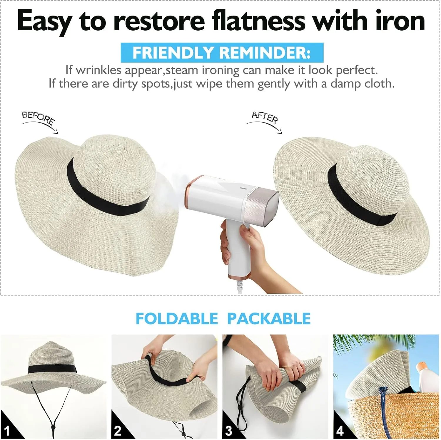 Beach Hats for Women, Foldable Sun Hat Womens UV Protection, Boho Wide Brim Hats for Women, Floppy Straw Visor Hat