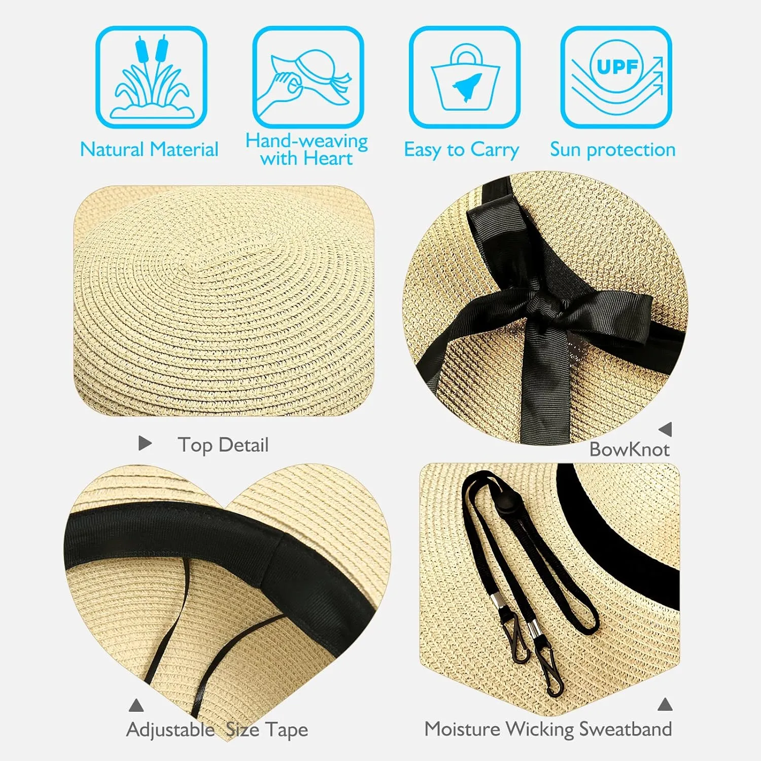 Beach Hats for Women, Foldable Sun Hat Womens UV Protection, Boho Wide Brim Hats for Women, Floppy Straw Visor Hat