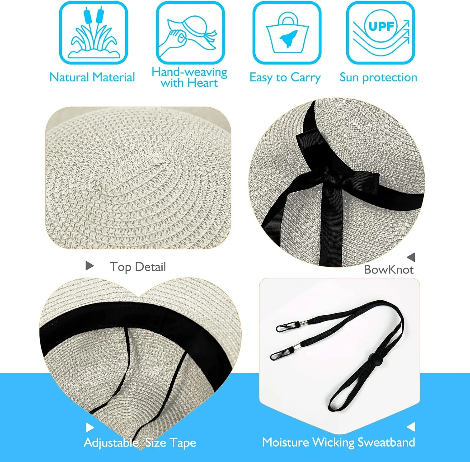 Beach Hats for Women, Foldable Sun Hat Womens UV Protection, Boho Wide Brim Hats for Women, Floppy Straw Visor Hat