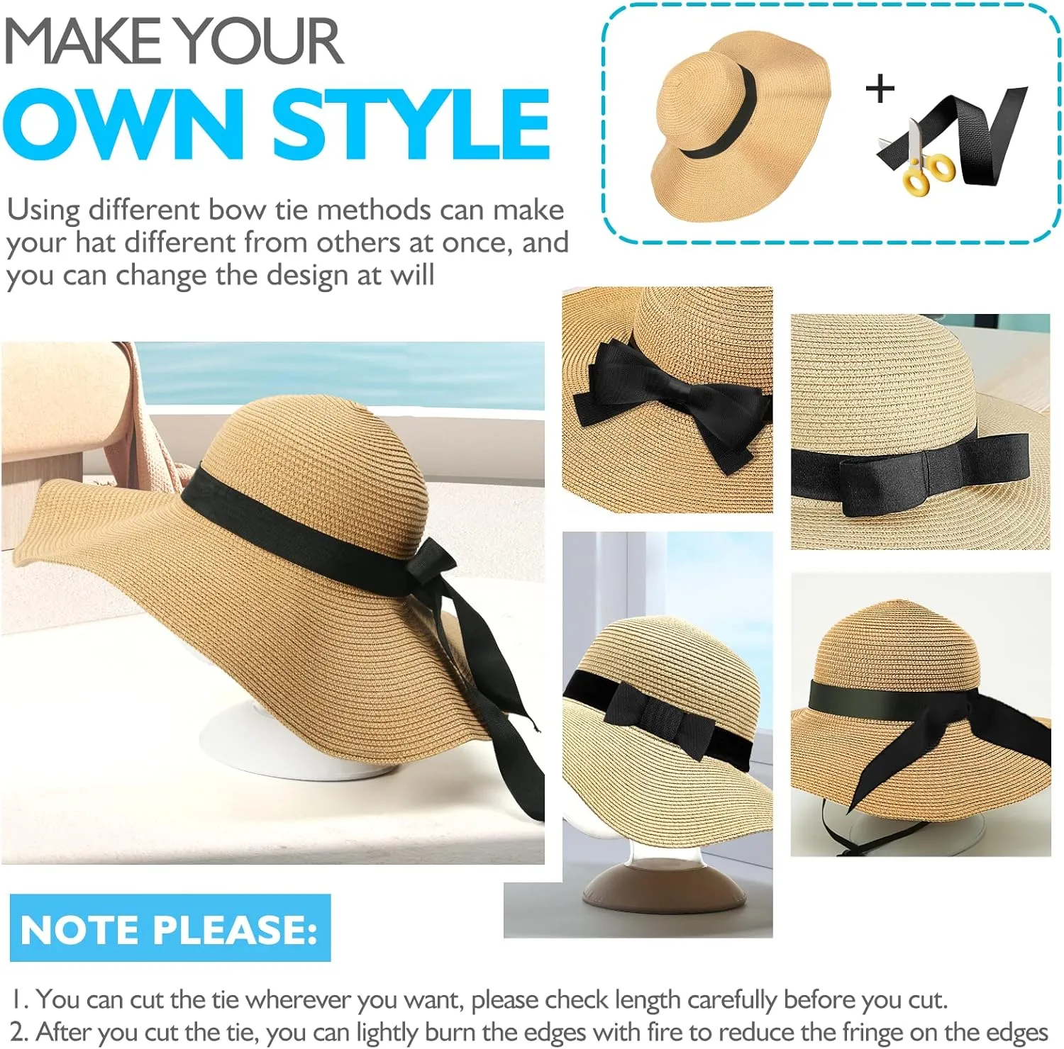 Beach Hats for Women, Foldable Sun Hat Womens UV Protection, Boho Wide Brim Hats for Women, Floppy Straw Visor Hat