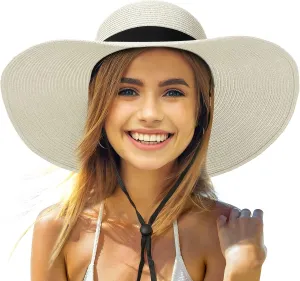 Beach Hats for Women, Foldable Sun Hat Womens UV Protection, Boho Wide Brim Hats for Women, Floppy Straw Visor Hat