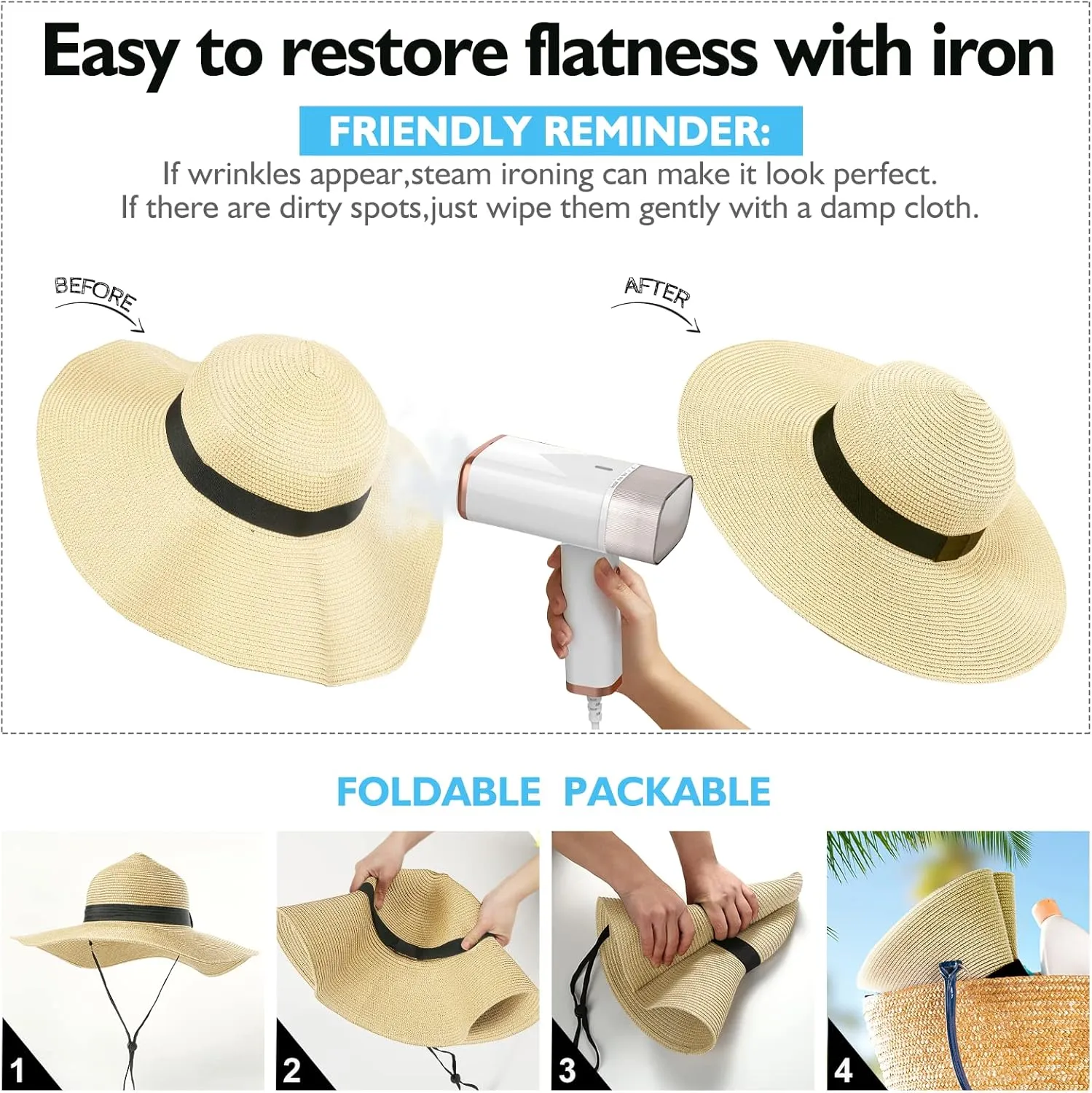 Beach Hats for Women, Foldable Sun Hat Womens UV Protection, Boho Wide Brim Hats for Women, Floppy Straw Visor Hat