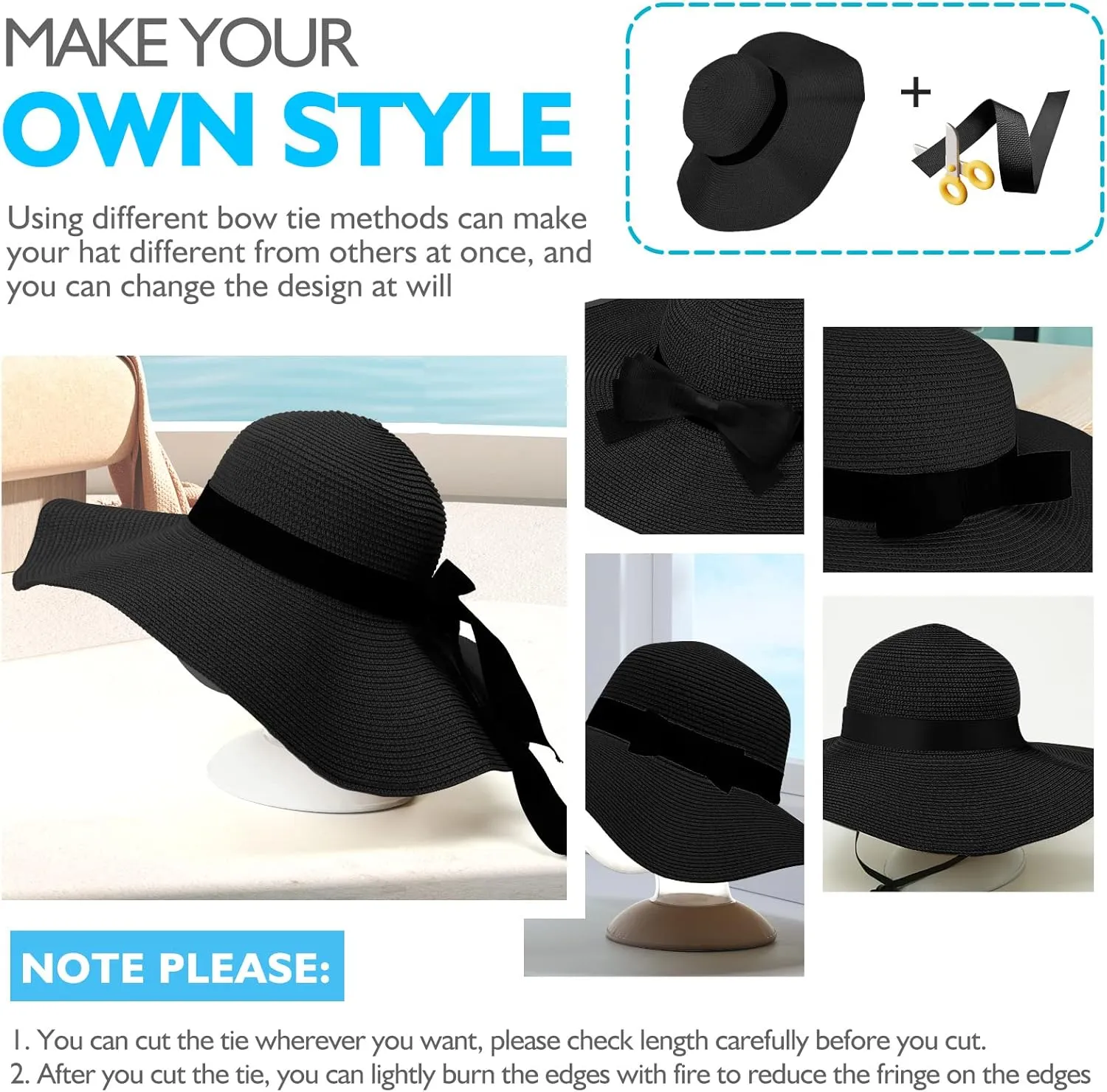 Beach Hats for Women, Foldable Sun Hat Womens UV Protection, Boho Wide Brim Hats for Women, Floppy Straw Visor Hat
