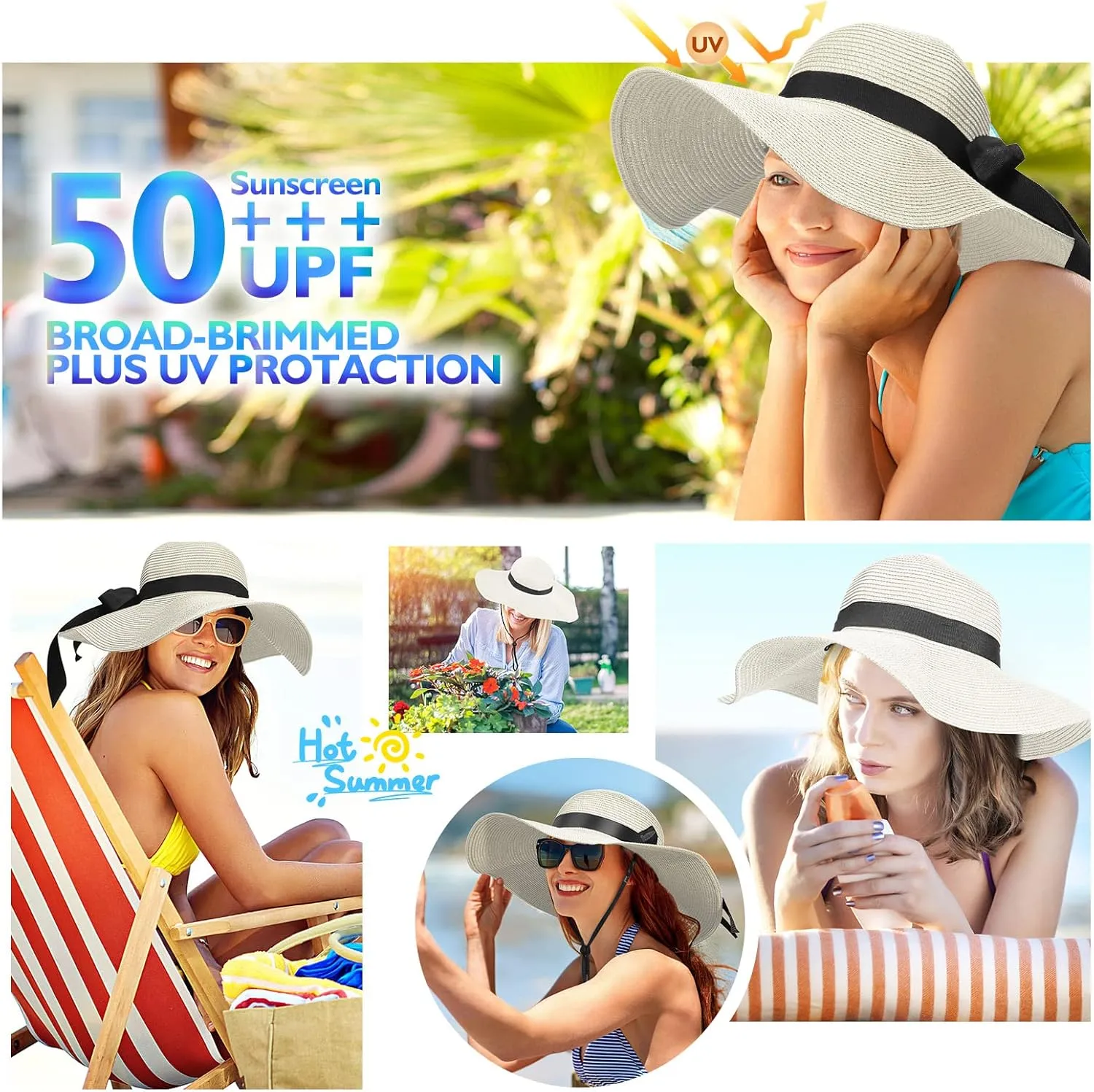 Beach Hats for Women, Foldable Sun Hat Womens UV Protection, Boho Wide Brim Hats for Women, Floppy Straw Visor Hat