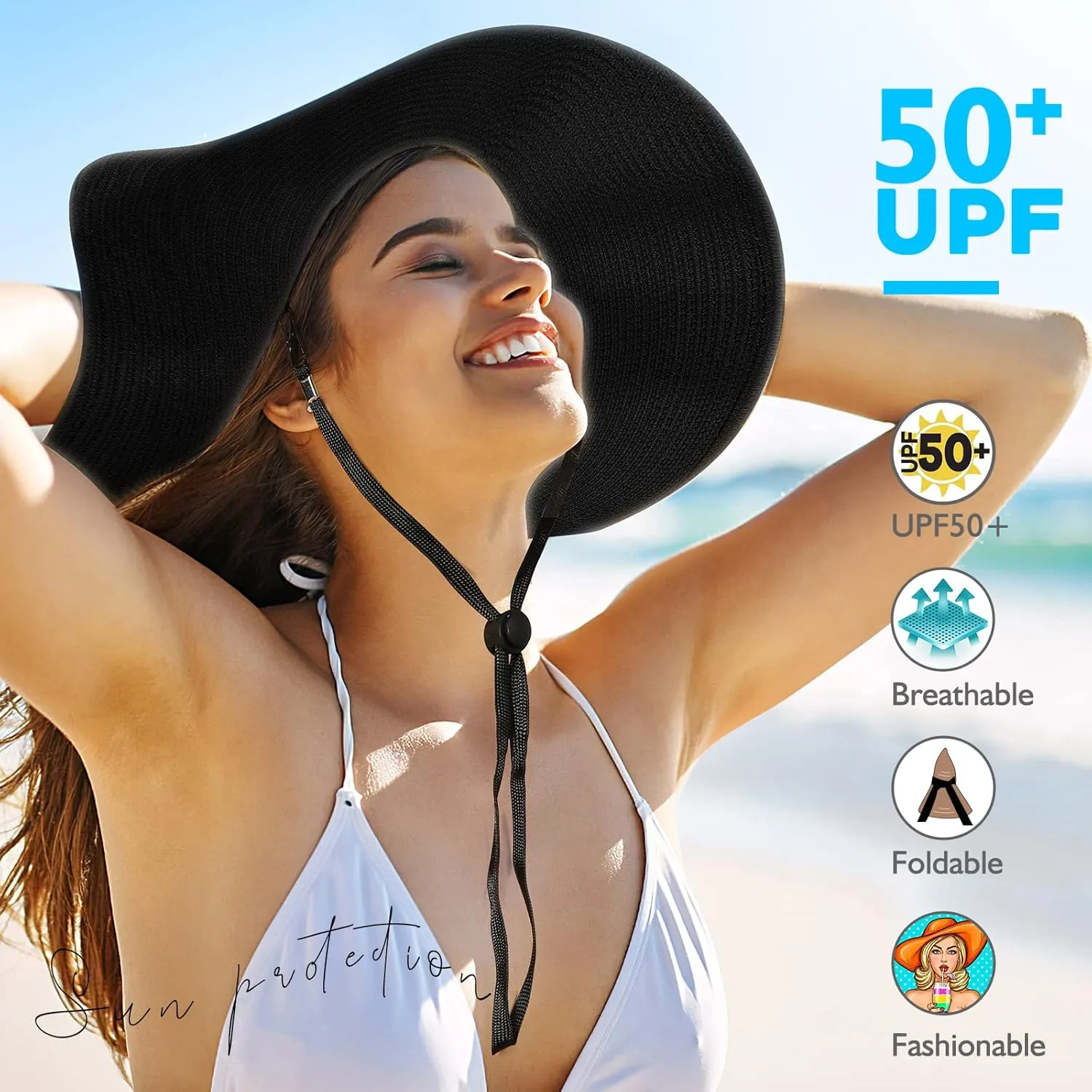 Beach Hats for Women, Foldable Sun Hat Womens UV Protection, Boho Wide Brim Hats for Women, Floppy Straw Visor Hat