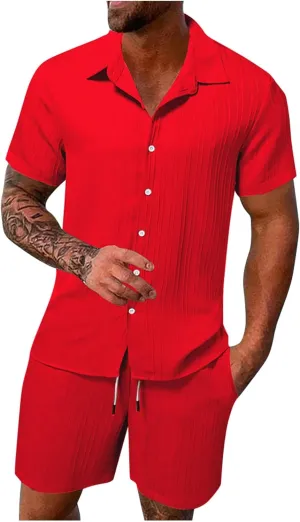 Binmer Men's 2 Pieces Linen Set Casual Beach Outfit Short Sleeve Button Down Shirt Summer Short Jogger Set with Pocket