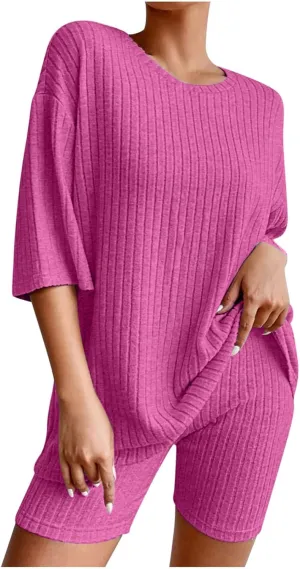 Binmer Womens 2 Piece Lounge Sets Ribbed Knit Matching Outfits Oversized Short Sleeve T-Shirt Biker Shorts Casual Sweatsuits
