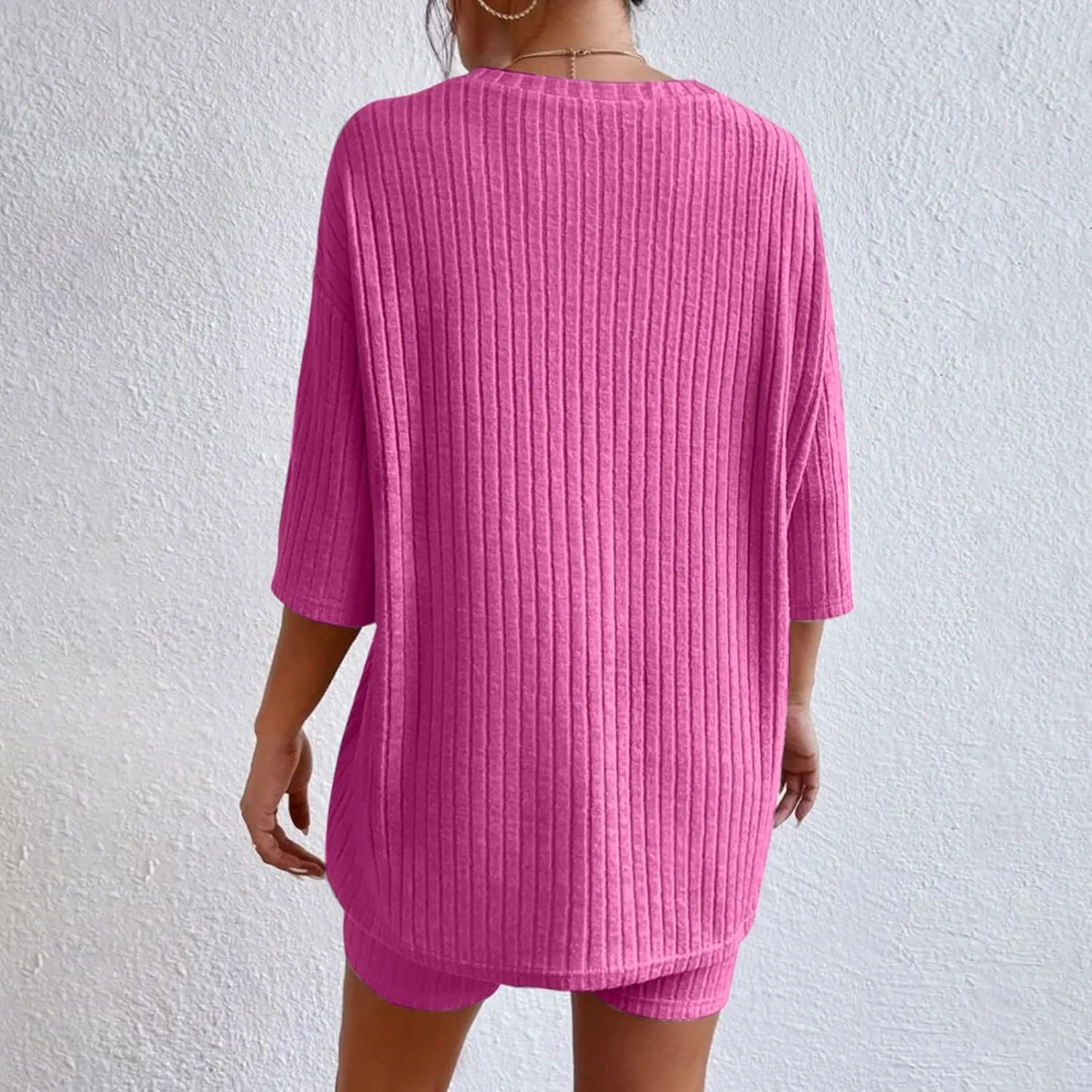 Binmer Womens 2 Piece Lounge Sets Ribbed Knit Matching Outfits Oversized Short Sleeve T-Shirt Biker Shorts Casual Sweatsuits