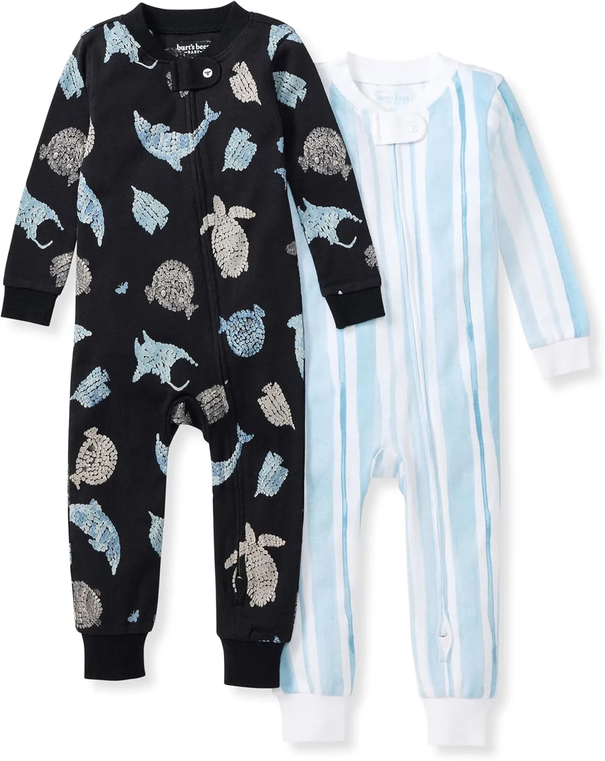 Burt's Bees Baby Baby Boys' Pajamas, Zip-Front Non-Slip Unisex Footed Sleeper PJs, Organic Cotton, Mosaic Sea Animals 2-pk, 12 Months