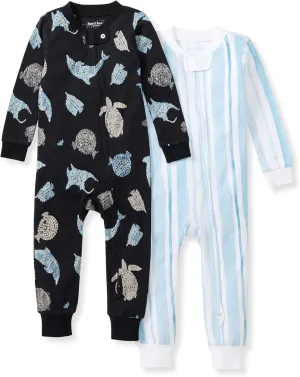Burt's Bees Baby Baby Boys' Pajamas, Zip-Front Non-Slip Unisex Footed Sleeper PJs, Organic Cotton, Mosaic Sea Animals 2-pk, 12 Months