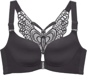 Butterfly Embroidery Front Closure Wireless Bra, Seamless Push up Adjustable Butterfly Back, Front Clasp Bras