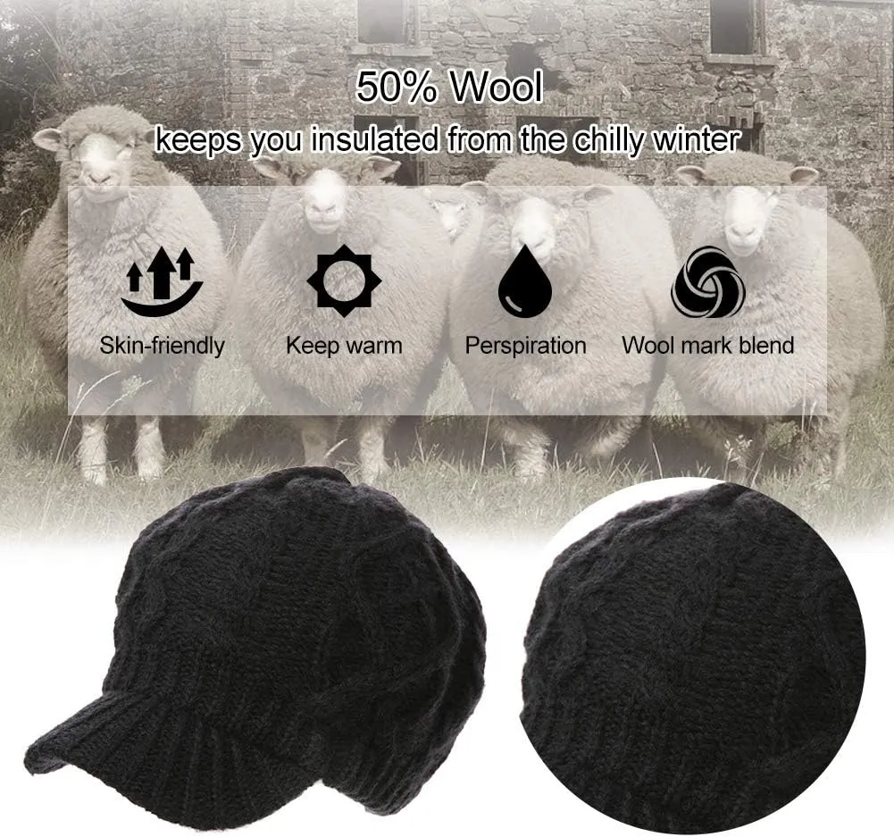 Comhats Womens Winter Wool Newsboy Hats Knitted Billed Crochet Beanies with Brim Skull Visors Ski Casual