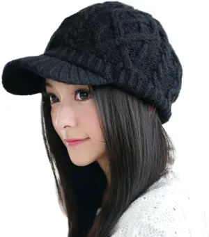 Comhats Womens Winter Wool Newsboy Hats Knitted Billed Crochet Beanies with Brim Skull Visors Ski Casual