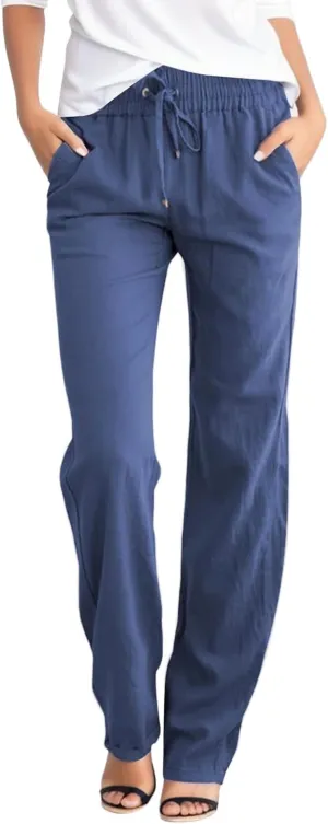 Cotton Linen Pants for Women 2024 Summer Casual Drawstring Elastic Waist Straight Leg Trousers Fashion Long Pants