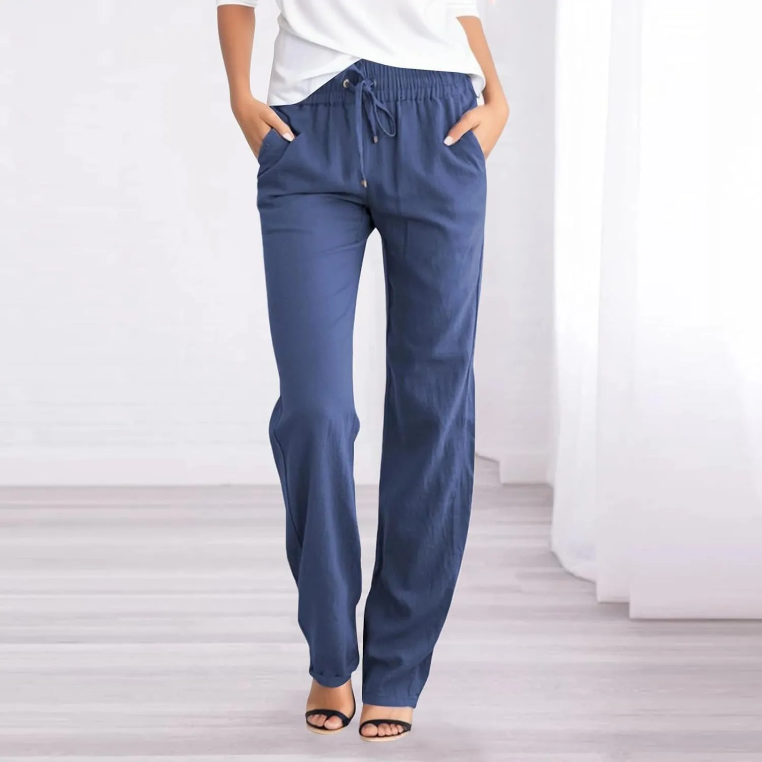 Cotton Linen Pants for Women 2024 Summer Casual Drawstring Elastic Waist Straight Leg Trousers Fashion Long Pants