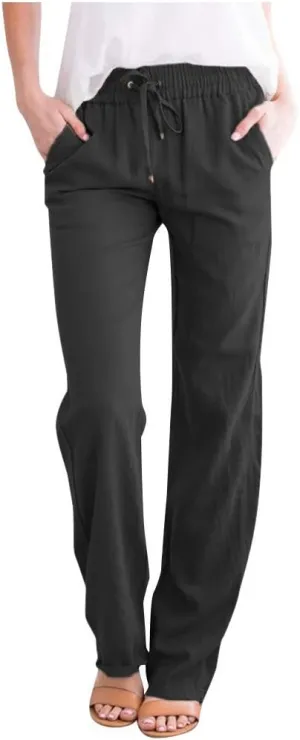 Cotton Linen Pants Women Plus Size Drawstring High Waisted Palazzo Pants Straight Leg Sweatpants Trousers