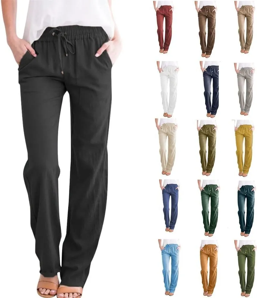 Cotton Linen Pants Women Plus Size Drawstring High Waisted Palazzo Pants Straight Leg Sweatpants Trousers
