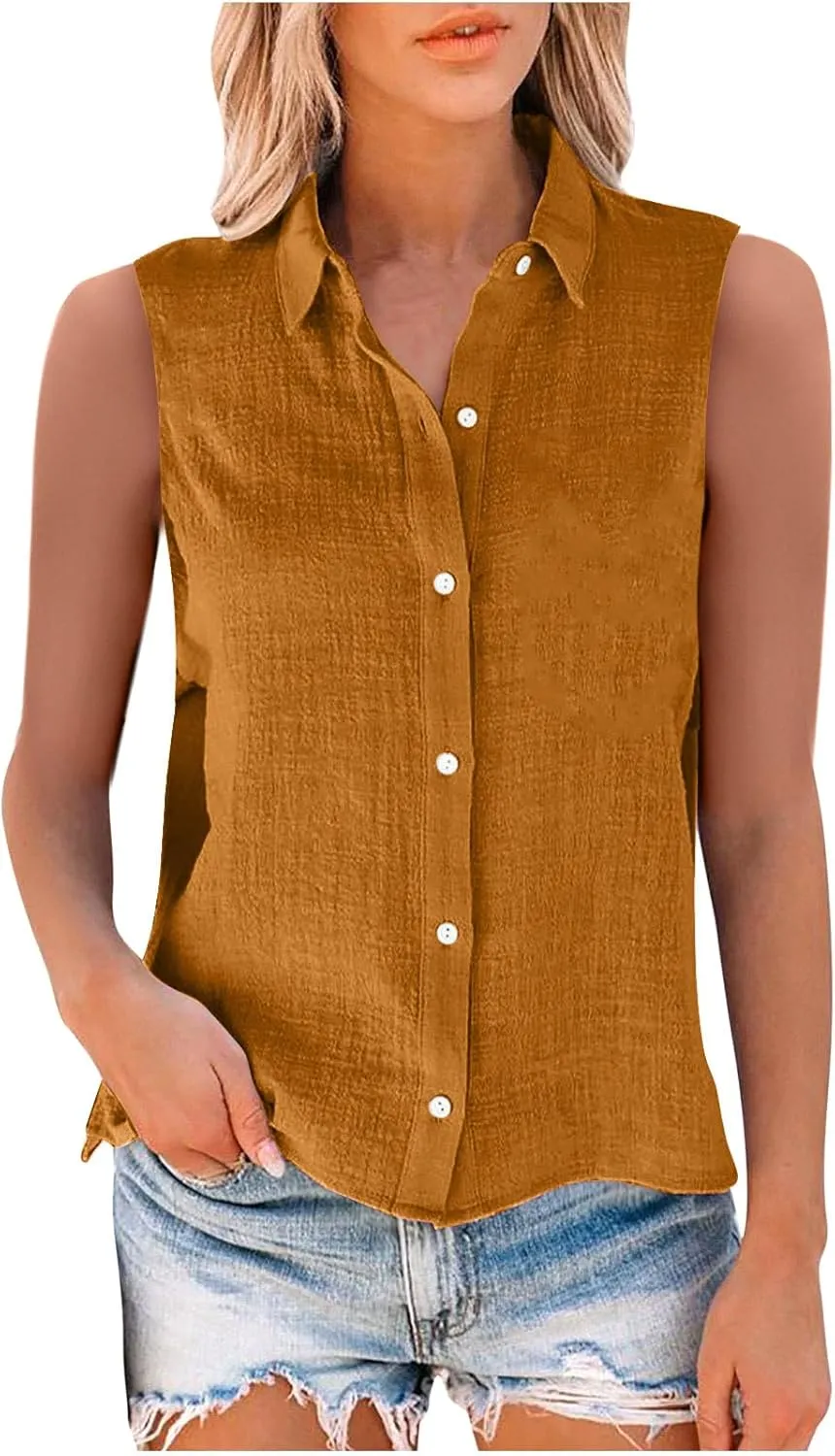 Cotton Linen Shirts for Women Sleeveless Collared Tank Tops Button Down Blouses Work Shirts Casual Summer Tshirt