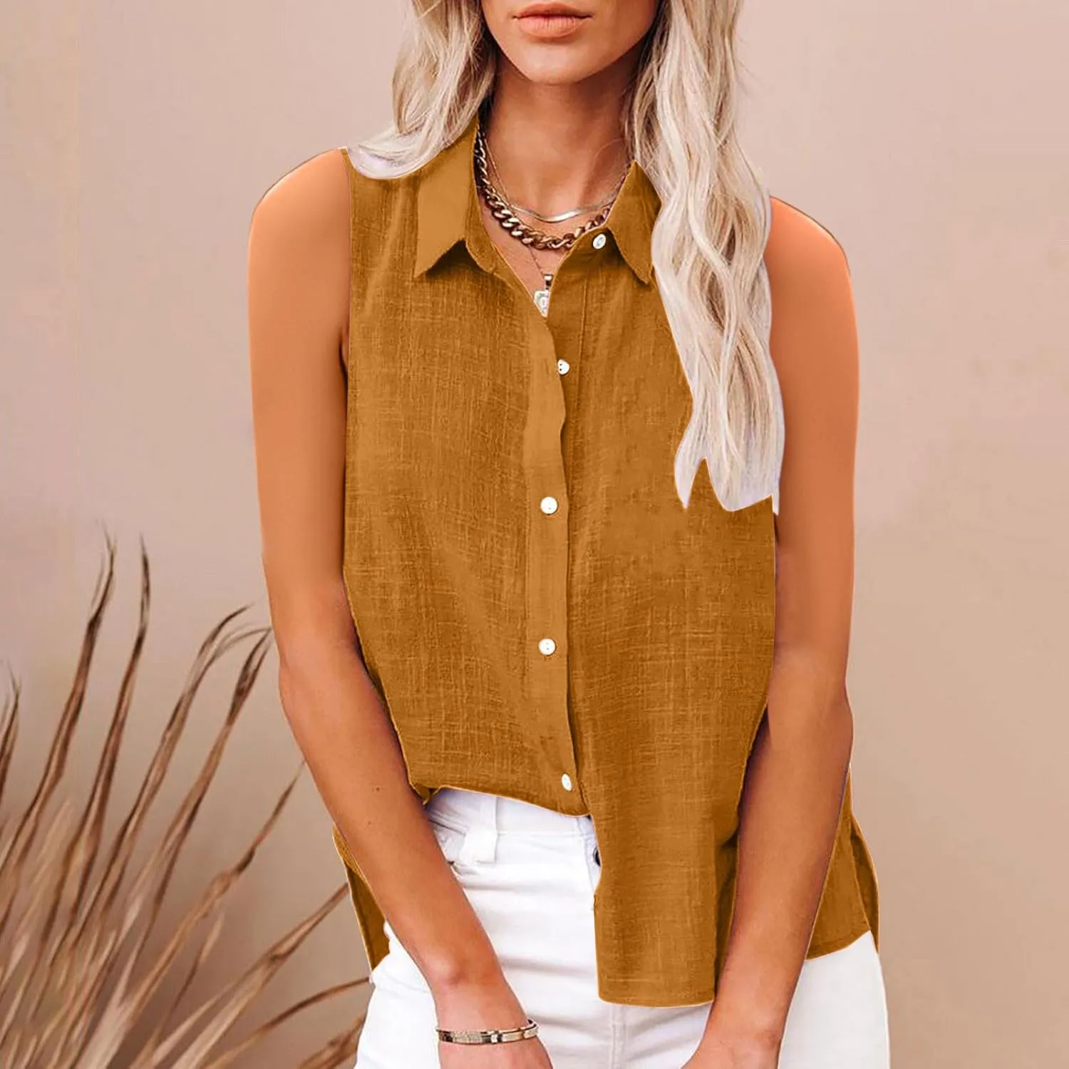 Cotton Linen Shirts for Women Sleeveless Collared Tank Tops Button Down Blouses Work Shirts Casual Summer Tshirt